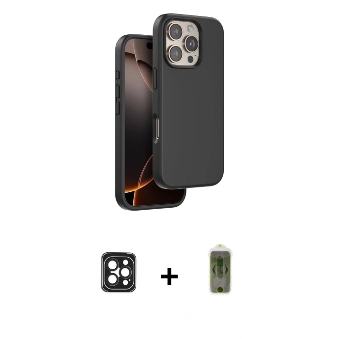 MARSİLYAN™- iPhone 16 Pro Max Kılıf Kıvılcım Çizgi Serisi - Siyah Joko Magic 5D Hayalet Cam + PVD Metal Kamera Lens - SH