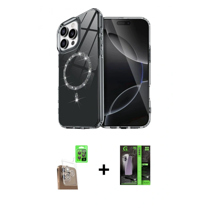 MARSİLYAN™- iPhone 16 Pro Max Kılıf Kıvılcım Form Prime - Şeffaf 360 Full Body Arka Koruyucu + Çöl Titanyum Raze Metal Kamera Lens