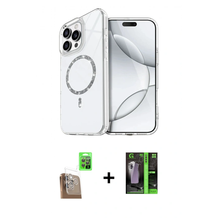 MARSİLYAN™- iPhone 16 Pro Max Kılıf Kıvılcım Form Prime - Şeffaf 360 Full Body Arka Koruyucu + Çöl Titanyum Raze Metal Kamera Lens