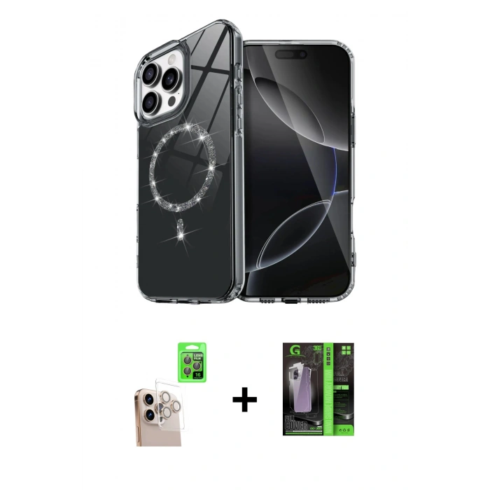 MARSİLYAN™- iPhone 16 Pro Max Kılıf Kıvılcım Form Prime - Şeffaf 360 Full Body Arka Koruyucu + Natural Grey Raze Metal Kamera Lens