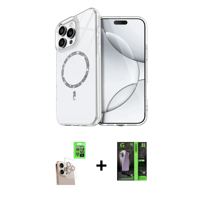MARSİLYAN™- iPhone 16 Pro Max Kılıf Kıvılcım Form Prime - Şeffaf 360 Full Body Arka Koruyucu + Natural Grey Raze Metal Kamera Lens