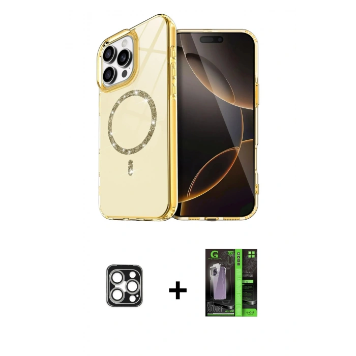 MARSİLYAN™- iPhone 16 Pro Max Kılıf Kıvılcım Form Prime - Şeffaf 360 Full Body Arka Koruyucu + PVD Metal Kamera Lens - GS