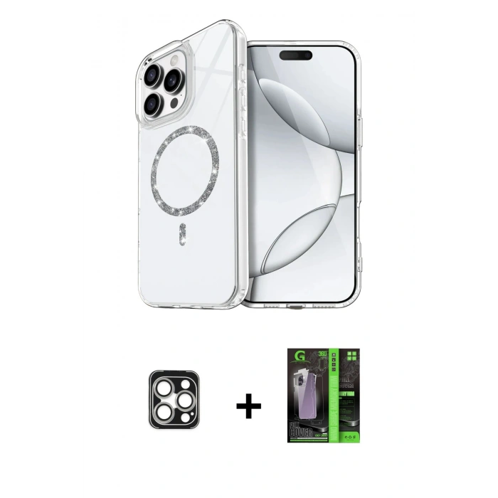 MARSİLYAN™- iPhone 16 Pro Max Kılıf Kıvılcım Form Prime - Şeffaf 360 Full Body Arka Koruyucu + PVD Metal Kamera Lens - GS