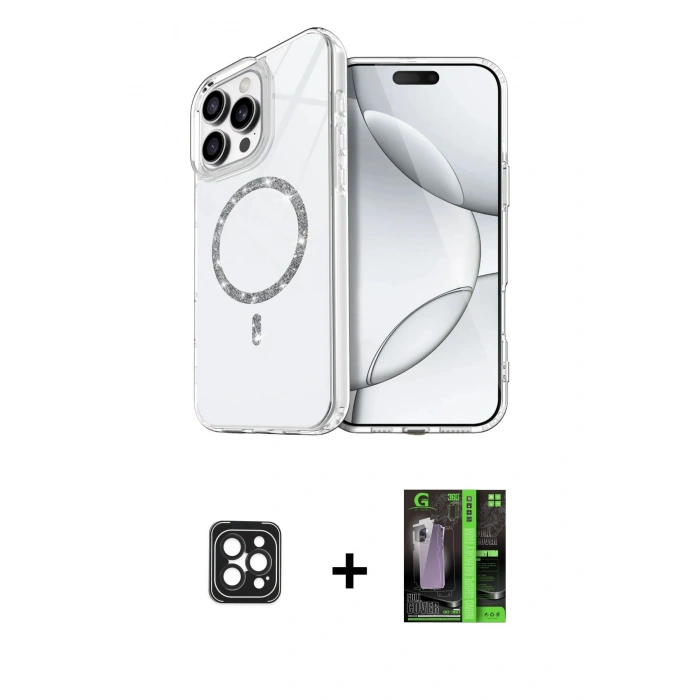 MARSİLYAN™- iPhone 16 Pro Max Kılıf Kıvılcım Form Prime - Şeffaf 360 Full Body Arka Koruyucu + PVD Metal Kamera Lens - SH