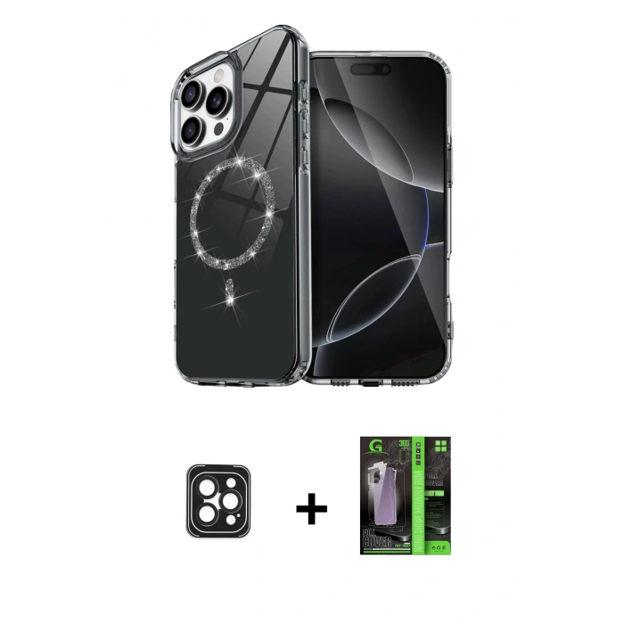 MARSİLYAN™- iPhone 16 Pro Max Kılıf Kıvılcım Form Prime - Şeffaf 360 Full Body Arka Koruyucu + PVD Metal Kamera Lens - SH