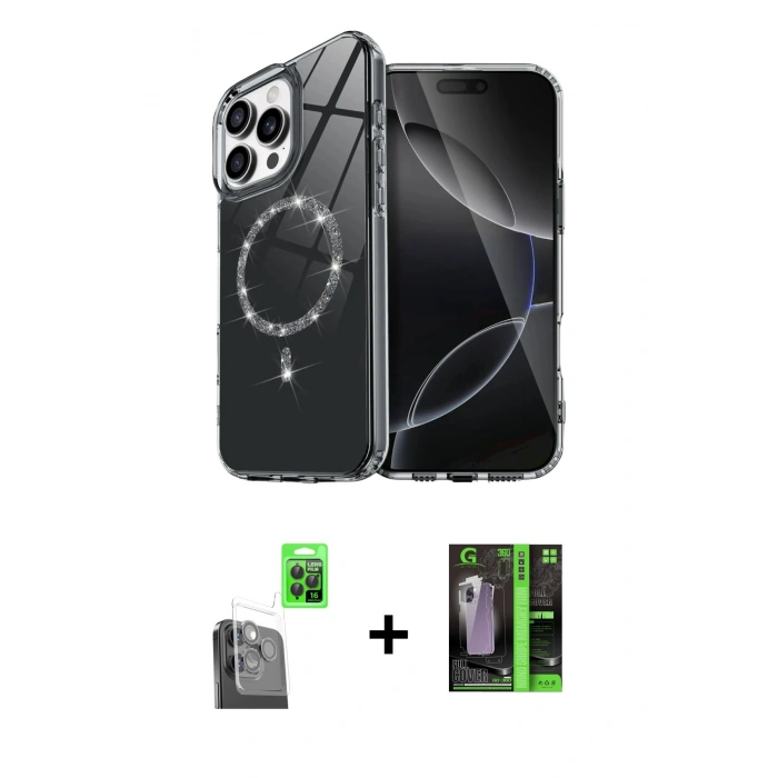 MARSİLYAN™- iPhone 16 Pro Max Kılıf Kıvılcım Form Prime - Şeffaf 360 Full Body Arka Koruyucu + Raze Metal Kamera Lens - SH