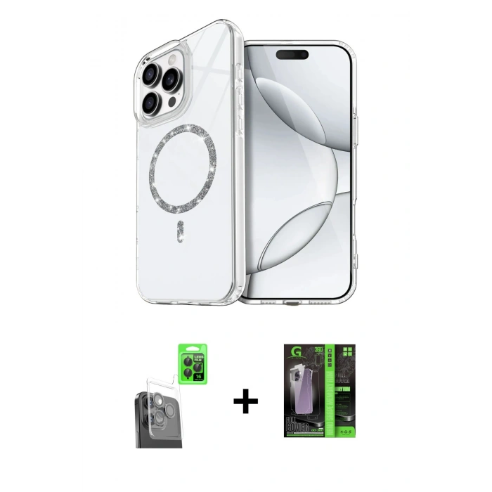 MARSİLYAN™- iPhone 16 Pro Max Kılıf Kıvılcım Form Prime - Şeffaf 360 Full Body Arka Koruyucu + Raze Metal Kamera Lens - SH