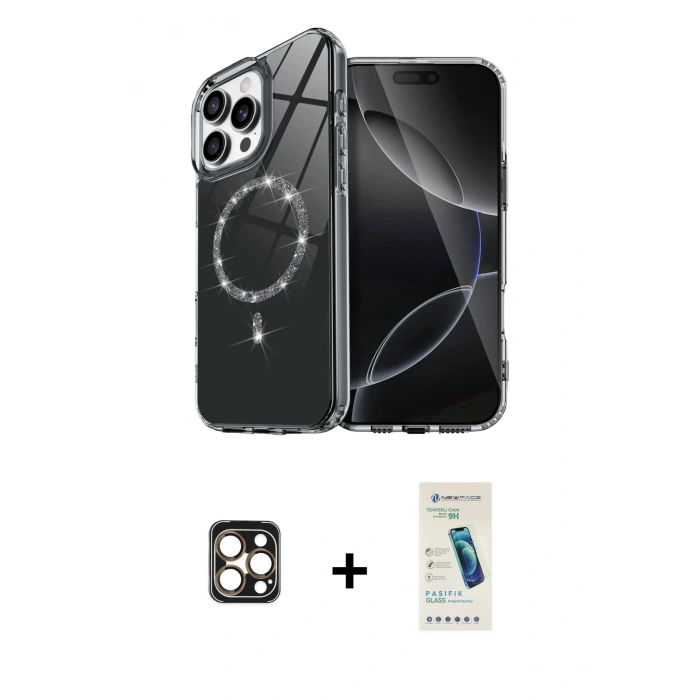 MARSİLYAN™- iPhone 16 Pro Max Kılıf Kıvılcım Form Prime - Şeffaf Pasifik Cam Ekran Koruyucu + Gold PVD Metal Kamera Lens