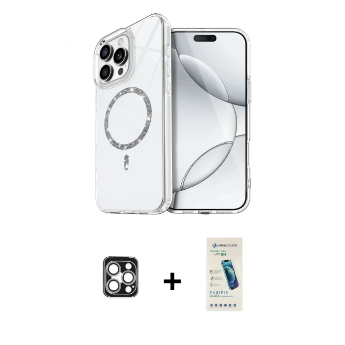 MARSİLYAN™- iPhone 16 Pro Max Kılıf Kıvılcım Form Prime - Şeffaf Pasifik Cam Ekran Koruyucu + PVD Metal Kamera Lens - GS