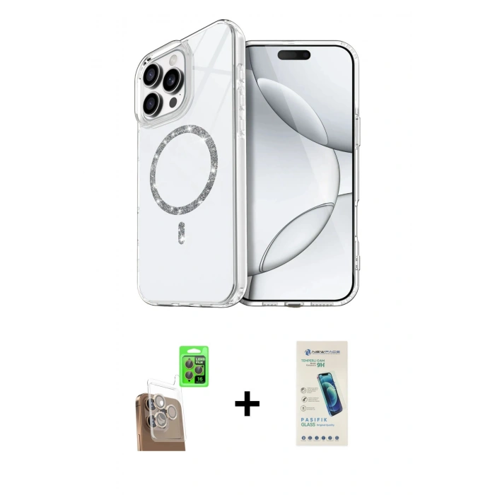 MARSİLYAN™- iPhone 16 Pro Max Kılıf Kıvılcım Form Prime - Şeffaf Pasifik Cam Ekran Koruyucu + Raze Metal Kamera Lens - CLTM