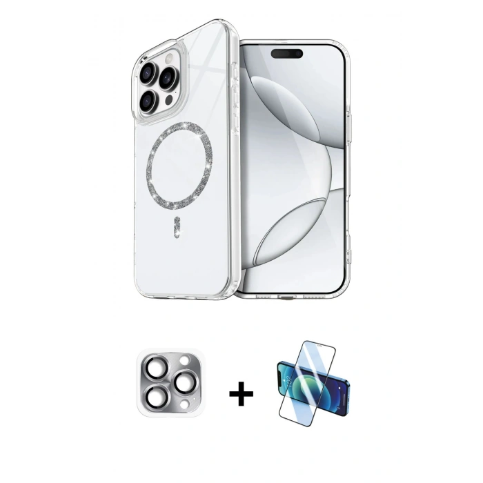 MARSİLYAN™- iPhone 16 Pro Max Kılıf Kıvılcım Form Prime - Siyah 3D Antistatik Cam Ekran Koruyucu + Pers Alüminyum Kamera Lens - GI