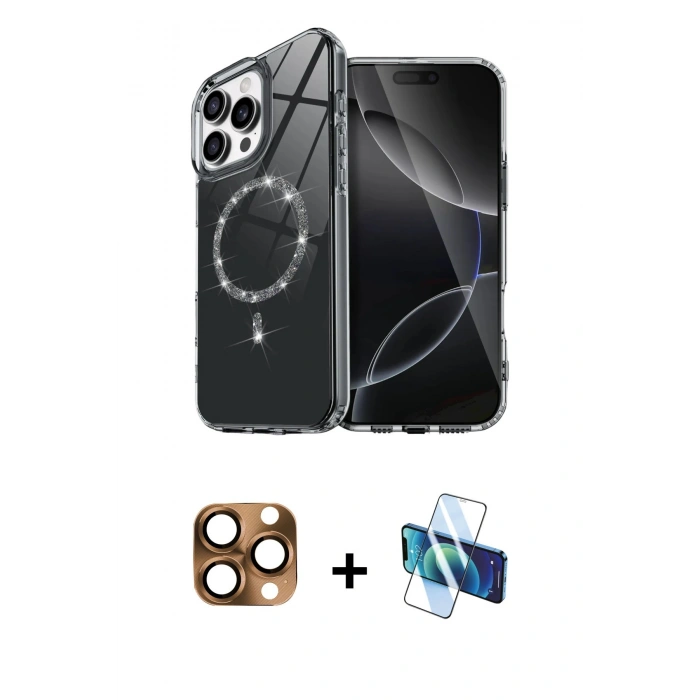 MARSİLYAN™- iPhone 16 Pro Max Kılıf Kıvılcım Form Prime - Siyah 3D Antistatik Cam Ekran Koruyucu + Pers Alüminyum Kamera Lens - CLTM