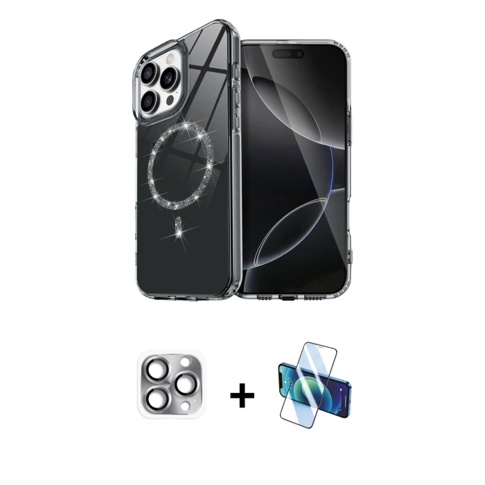 MARSİLYAN™- iPhone 16 Pro Max Kılıf Kıvılcım Form Prime - Siyah 3D Antistatik Cam Ekran Koruyucu + Pers Alüminyum Kamera Lens - GI