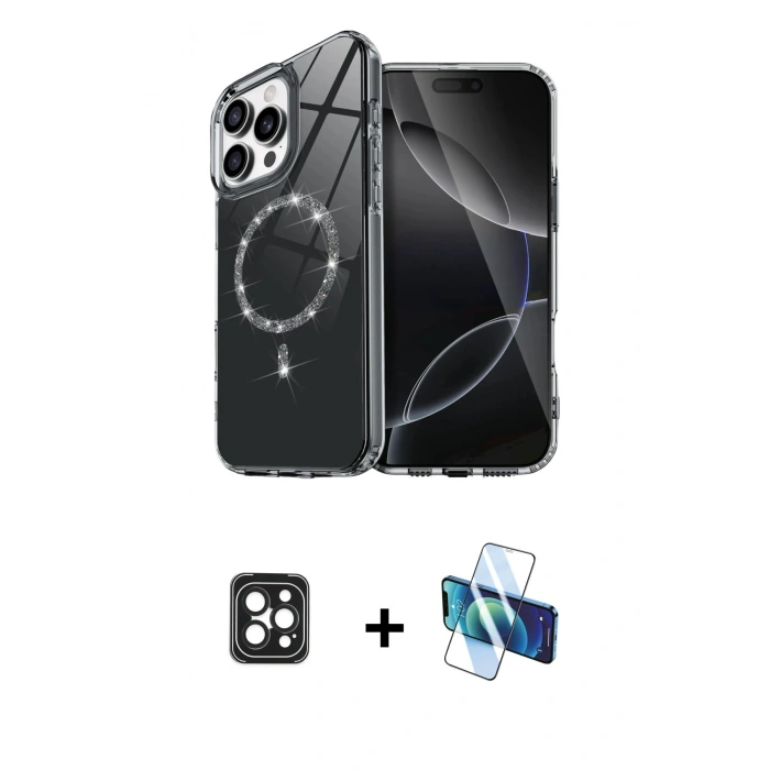 MARSİLYAN™- iPhone 16 Pro Max Kılıf Kıvılcım Form Prime - Siyah 3D Antistatik Cam Ekran Koruyucu + PVD Metal Kamera Lens - SH