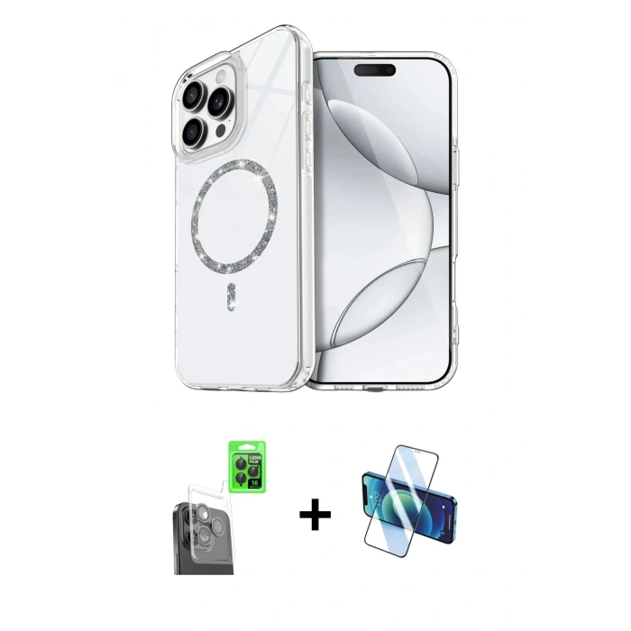 MARSİLYAN™- iPhone 16 Pro Max Kılıf Kıvılcım Form Prime - Siyah 3D Antistatik Cam Ekran Koruyucu + Raze Metal Kamera Lens - SH
