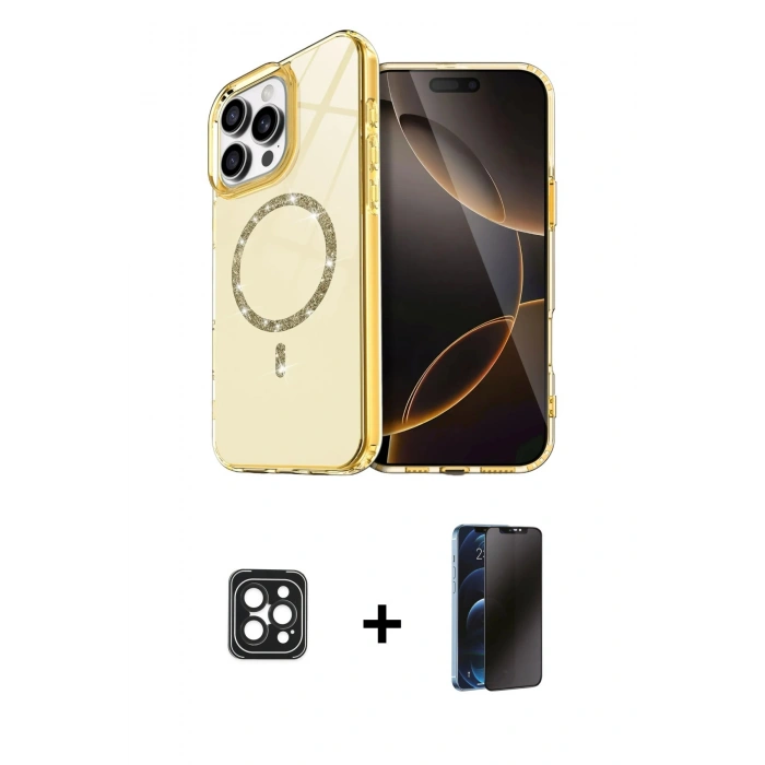 MARSİLYAN™- iPhone 16 Pro Max Kılıf Kıvılcım Form Prime - Siyah 3D Antistatik Hayalet Cam Ekran Koruyucu + PVD Metal Kamera Lens - SH
