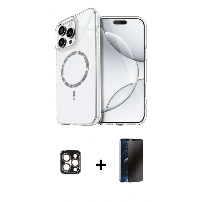 MARSİLYAN™- iPhone 16 Pro Max Kılıf Kıvılcım Form Prime - Siyah 3D Antistatik Hayalet Cam Ekran Koruyucu + PVD Metal Kamera Lens - GD