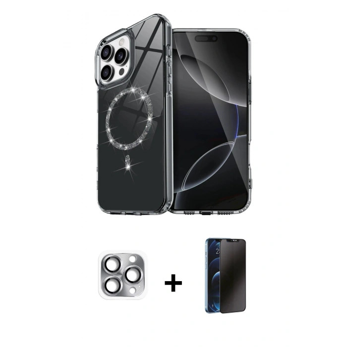 MARSİLYAN™- iPhone 16 Pro Max Kılıf Kıvılcım Form Prime - Siyah 3D Antistatik Hayalet Cam Ekran Koruyucu + Pers Alüminyum Kamera Lens - GI
