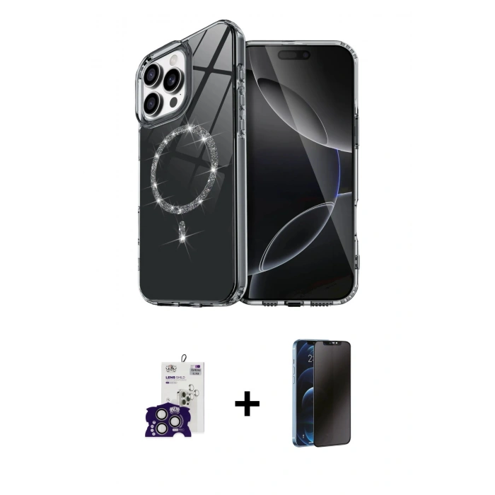 MARSİLYAN™- iPhone 16 Pro Max Kılıf Kıvılcım Form Prime - Siyah 3D Antistatik Hayalet Cam Ekran Koruyucu + Bilvis Titan Kamera Lens - TMGI