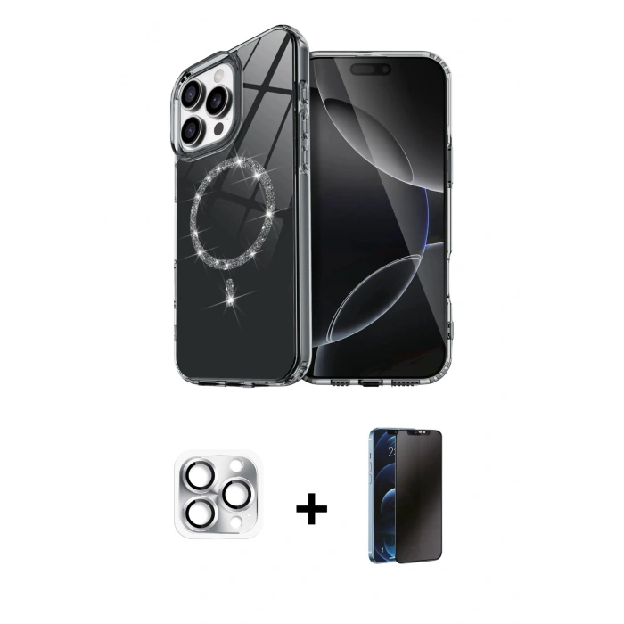 MARSİLYAN™- iPhone 16 Pro Max Kılıf Kıvılcım Form Prime - Siyah 3D Antistatik Hayalet Cam Ekran Koruyucu + Pers Alüminyum Kamera Lens - GS