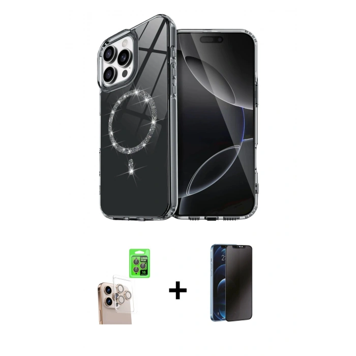 MARSİLYAN™- iPhone 16 Pro Max Kılıf Kıvılcım Form Prime - Siyah 3D Antistatik Hayalet Cam Ekran Koruyucu + Raze Metal Kamera Lens - NLGY