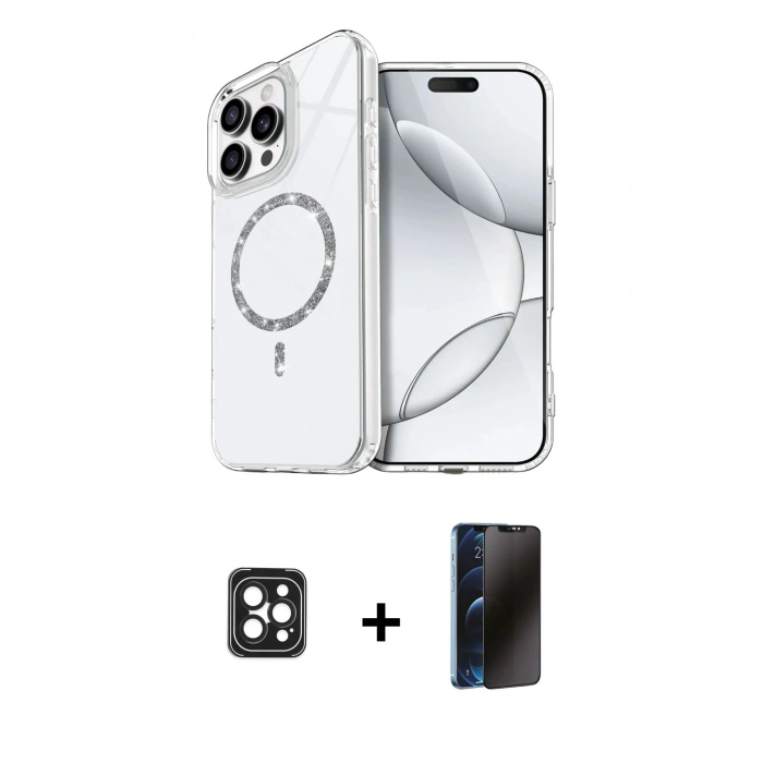 MARSİLYAN™- iPhone 16 Pro Max Kılıf Kıvılcım Form Prime - Siyah 3D Antistatik Hayalet Cam Ekran Koruyucu + PVD Metal Kamera Lens - SH
