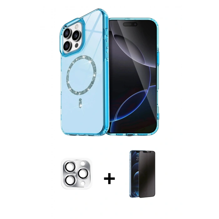 MARSİLYAN™- iPhone 16 Pro Max Kılıf Kıvılcım Form Prime - Siyah 3D Antistatik Hayalet Cam Ekran Koruyucu + Pers Alüminyum Kamera Lens - GS