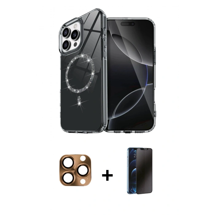 MARSİLYAN™- iPhone 16 Pro Max Kılıf Kıvılcım Form Prime - Siyah 3D Antistatik Hayalet Cam Ekran Koruyucu + Pers Alüminyum Kamera Lens - CLTM