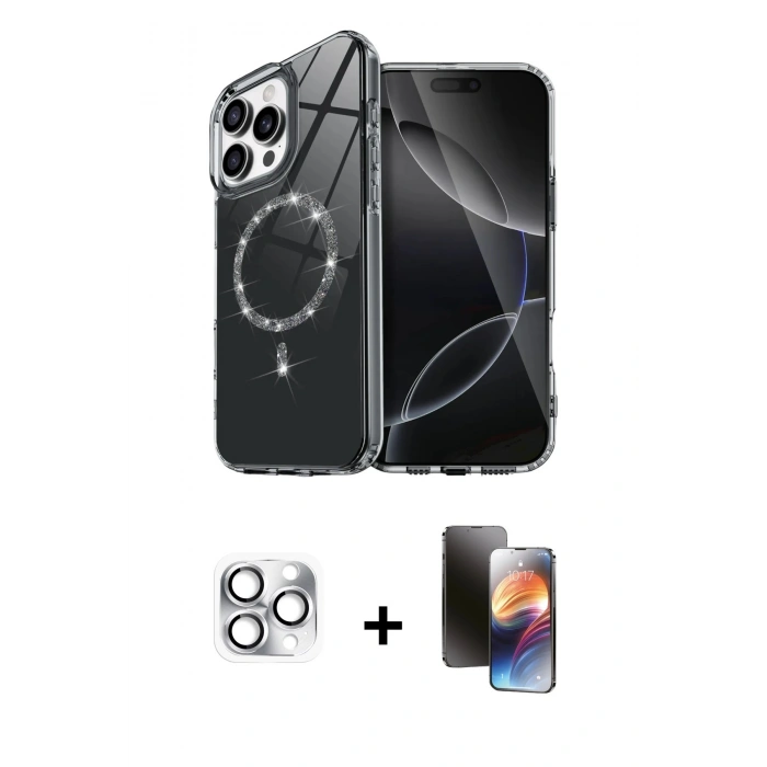 MARSİLYAN™- iPhone 16 Pro Max Kılıf Kıvılcım Form Prime - Siyah 3D Antistatik Mat Seramik Nano Ekran Koruyucu + Pers Alüminyum Kamera Lens - GS