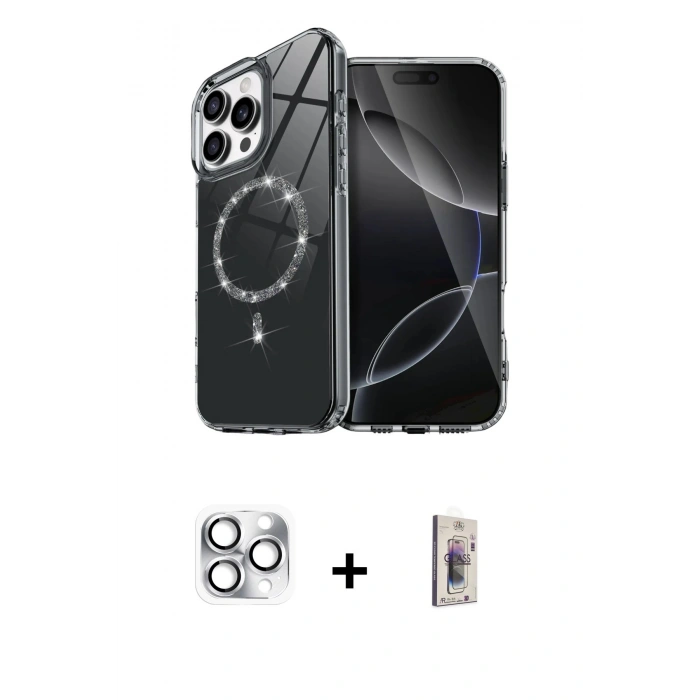 MARSİLYAN™- iPhone 16 Pro Max Kılıf Kıvılcım Form Prime - Siyah Bilvis 3D Cam Ekran Koruyucu + Pers Alüminyum Kamera Lens - GS