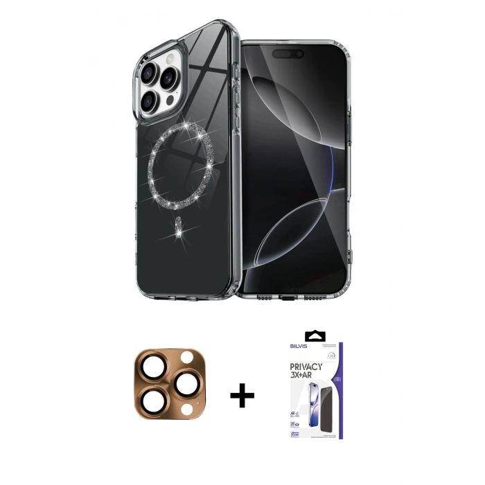 MARSİLYAN™- iPhone 16 Pro Max Kılıf Kıvılcım Form Prime - Siyah Bilvis 3X AR Hayalet Cam Ekran Koruyucu + Pers Alüminyum Kamera Lens - CLTM