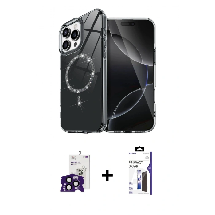 MARSİLYAN™- iPhone 16 Pro Max Kılıf Kıvılcım Form Prime - Siyah Bilvis 3X AR Hayalet Cam Ekran Koruyucu + Bilvis Titan Kamera Lens - SH