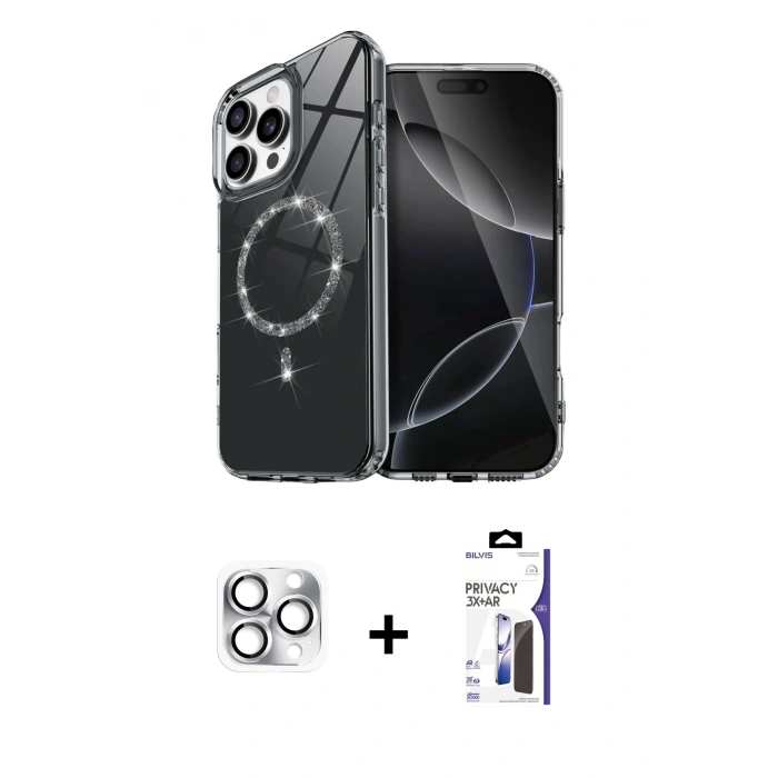 MARSİLYAN™- iPhone 16 Pro Max Kılıf Kıvılcım Form Prime - Siyah Bilvis 3X AR Hayalet Cam Ekran Koruyucu + Pers Alüminyum Kamera Lens - GS