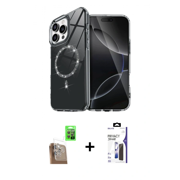 MARSİLYAN™- iPhone 16 Pro Max Kılıf Kıvılcım Form Prime - Siyah Bilvis 3X AR Hayalet Cam Ekran Koruyucu + Raze Metal Kamera Lens - CLTM