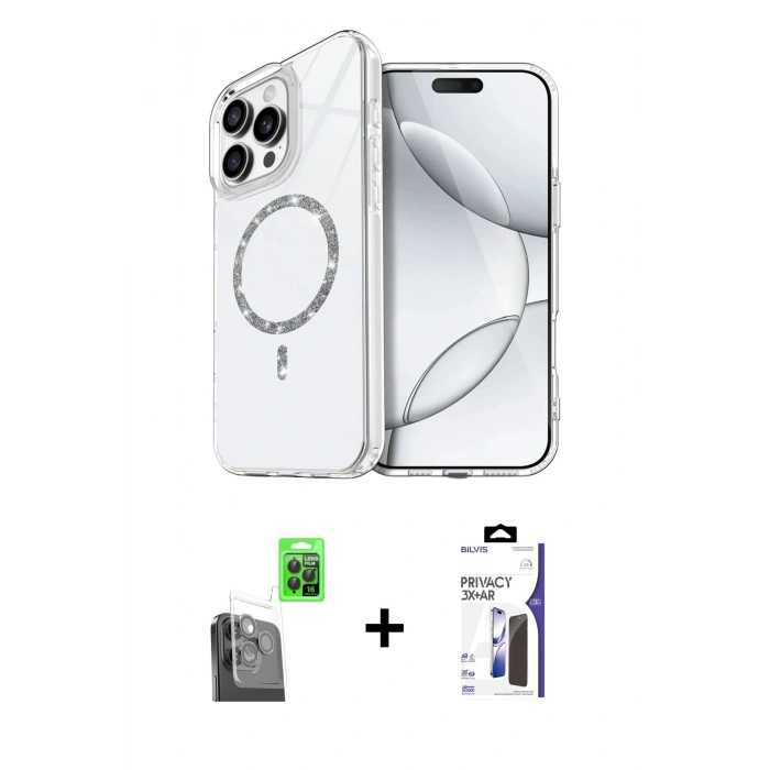 MARSİLYAN™- iPhone 16 Pro Max Kılıf Kıvılcım Form Prime - Siyah Bilvis 3X AR Hayalet Cam Ekran Koruyucu + Raze Metal Kamera Lens - SH