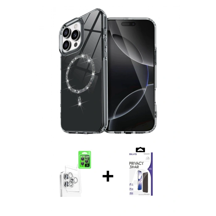MARSİLYAN™- iPhone 16 Pro Max Kılıf Kıvılcım Form Prime - Siyah Bilvis 3X AR Hayalet Cam Ekran Koruyucu + Raze Metal Kamera Lens - BZ