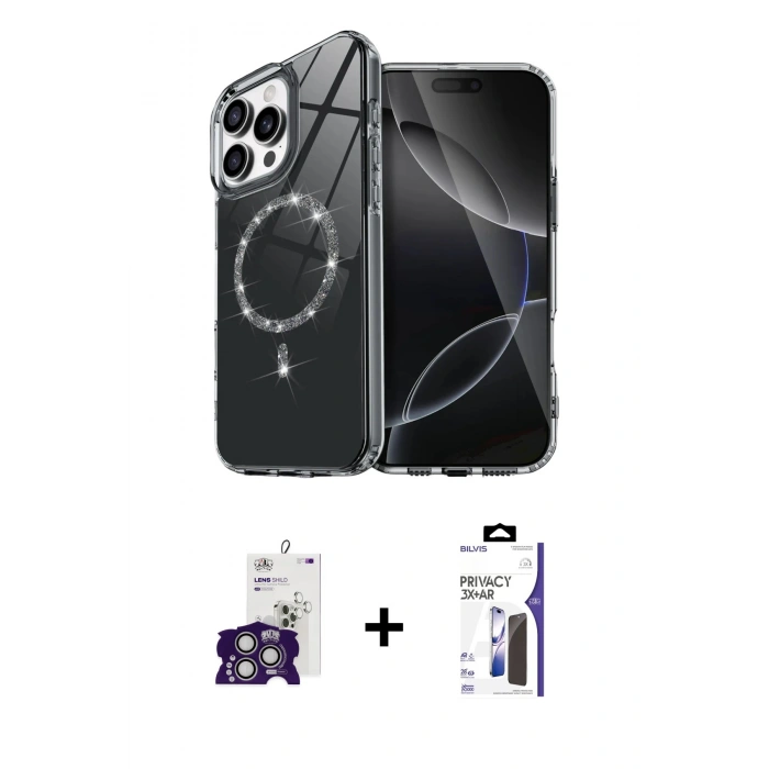 MARSİLYAN™- iPhone 16 Pro Max Kılıf Kıvılcım Form Prime - Siyah Bilvis 3X AR Hayalet Cam Ekran Koruyucu + Bilvis Titan Kamera Lens - GS