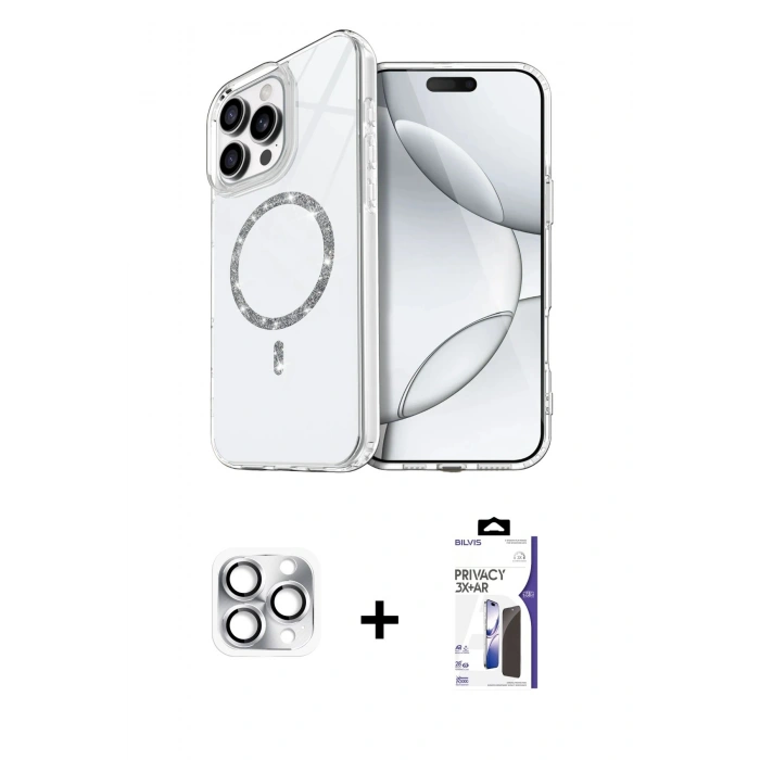 MARSİLYAN™- iPhone 16 Pro Max Kılıf Kıvılcım Form Prime - Siyah Bilvis 3X AR Hayalet Cam Ekran Koruyucu + Pers Alüminyum Kamera Lens - GS