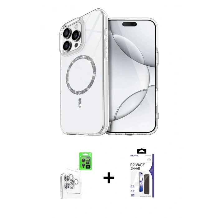 MARSİLYAN™- iPhone 16 Pro Max Kılıf Kıvılcım Form Prime - Siyah Bilvis 3X AR Hayalet Cam Ekran Koruyucu + Raze Metal Kamera Lens - BZ