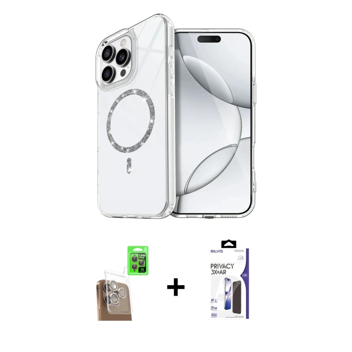 MARSİLYAN™- iPhone 16 Pro Max Kılıf Kıvılcım Form Prime - Siyah Bilvis 3X AR Hayalet Cam Ekran Koruyucu + Raze Metal Kamera Lens - CLTM