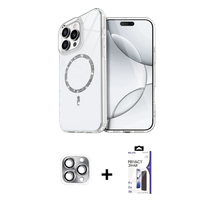 MARSİLYAN™- iPhone 16 Pro Max Kılıf Kıvılcım Form Prime - Siyah Bilvis 3X AR Hayalet Cam Ekran Koruyucu + Pers Alüminyum Kamera Lens - GI