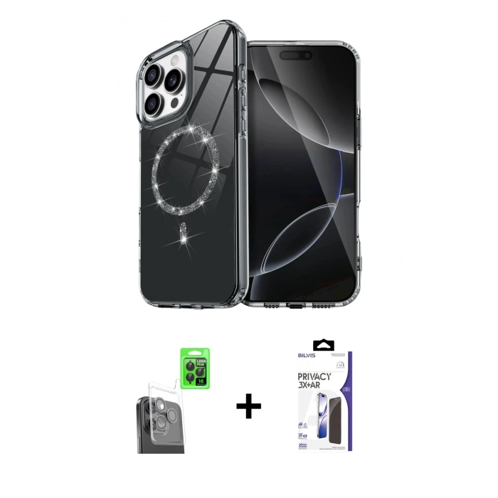 MARSİLYAN™- iPhone 16 Pro Max Kılıf Kıvılcım Form Prime - Siyah Bilvis 3X AR Hayalet Cam Ekran Koruyucu + Raze Metal Kamera Lens - SH