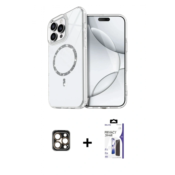 MARSİLYAN™- iPhone 16 Pro Max Kılıf Kıvılcım Form Prime - Siyah Bilvis 3X AR Hayalet Cam Ekran Koruyucu + PVD Metal Kamera Lens - GD