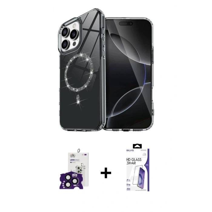 MARSİLYAN™- iPhone 16 Pro Max Kılıf Kıvılcım Form Prime - Siyah Bilvis 3X AR HD Cam Ekran Koruyucu + Bilvis Titan Kamera Lens - SH