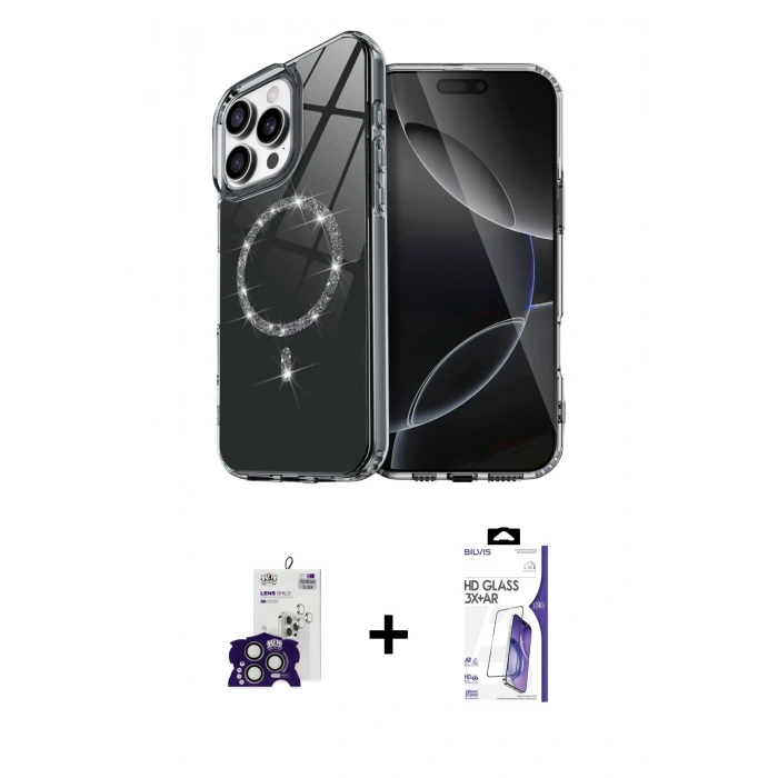 MARSİLYAN™- iPhone 16 Pro Max Kılıf Kıvılcım Form Prime - Siyah Bilvis 3X AR HD Cam Ekran Koruyucu + Bilvis Titan Kamera Lens - TMGI
