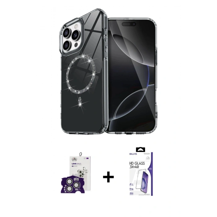MARSİLYAN™- iPhone 16 Pro Max Kılıf Kıvılcım Form Prime - Siyah Bilvis 3X AR HD Cam Ekran Koruyucu + Bilvis Titan Kamera Lens - GS