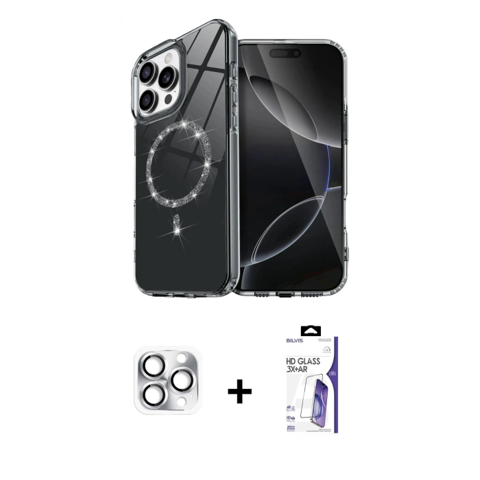 MARSİLYAN™- iPhone 16 Pro Max Kılıf Kıvılcım Form Prime - Siyah Bilvis 3X AR HD Cam Ekran Koruyucu + Pers Alüminyum Kamera Lens - GS