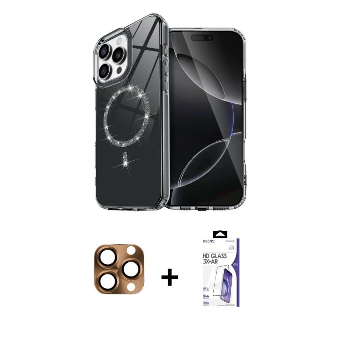 MARSİLYAN™- iPhone 16 Pro Max Kılıf Kıvılcım Form Prime - Siyah Bilvis 3X AR HD Cam Ekran Koruyucu + Pers Alüminyum Kamera Lens - CLTM