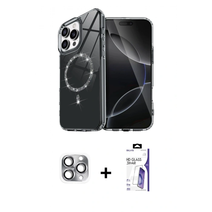 MARSİLYAN™- iPhone 16 Pro Max Kılıf Kıvılcım Form Prime - Siyah Bilvis 3X AR HD Cam Ekran Koruyucu + Pers Alüminyum Kamera Lens - GI