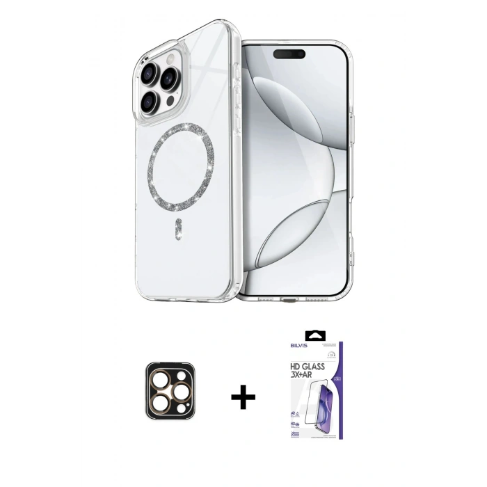 MARSİLYAN™- iPhone 16 Pro Max Kılıf Kıvılcım Form Prime - Siyah Bilvis 3X AR HD Cam Ekran Koruyucu + PVD Metal Kamera Lens - GD